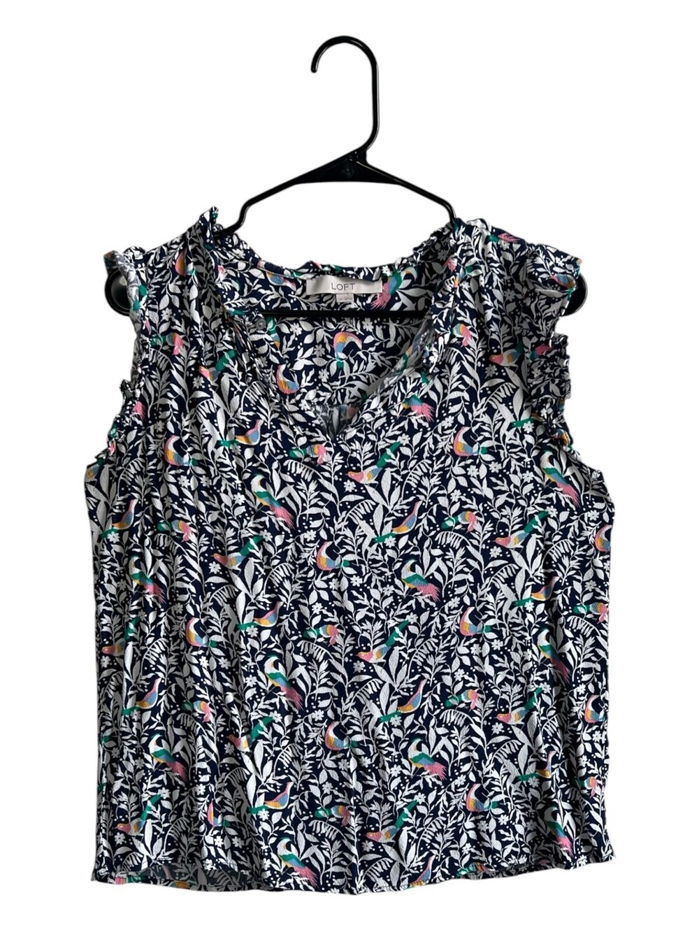 LOFT - Navy Tropical Bird Floral Ruffle Sleeveless Blouse - M - Picture 2 of 8